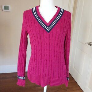 Ralph Lauren Active Sweater Women Fuchsia Cable Knit V-Neck Pullover Size M
